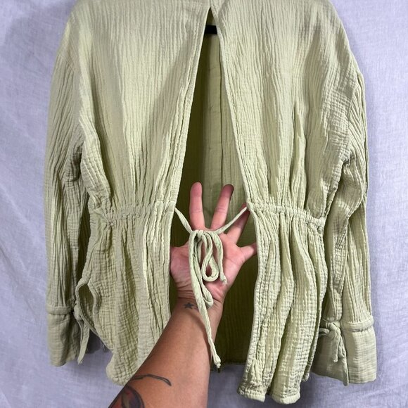 Lush Cotton Gauze Open Back Long Sleeve Top Womens S Chartreuse Boho Cottage - Picture 6 of 12